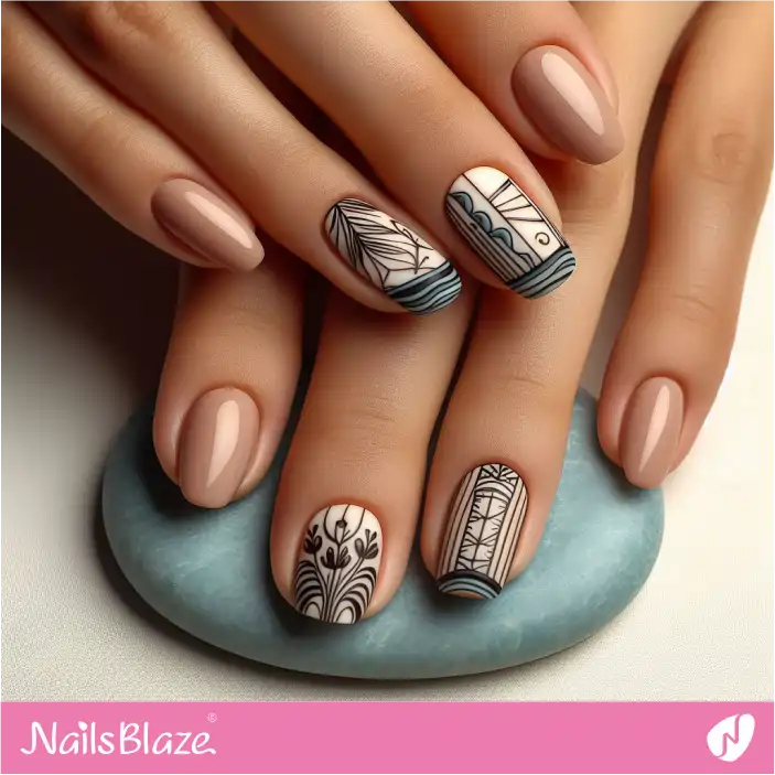 French Nails with Minimal Coast Salish Design |  Canadian | Tribal - NB1489